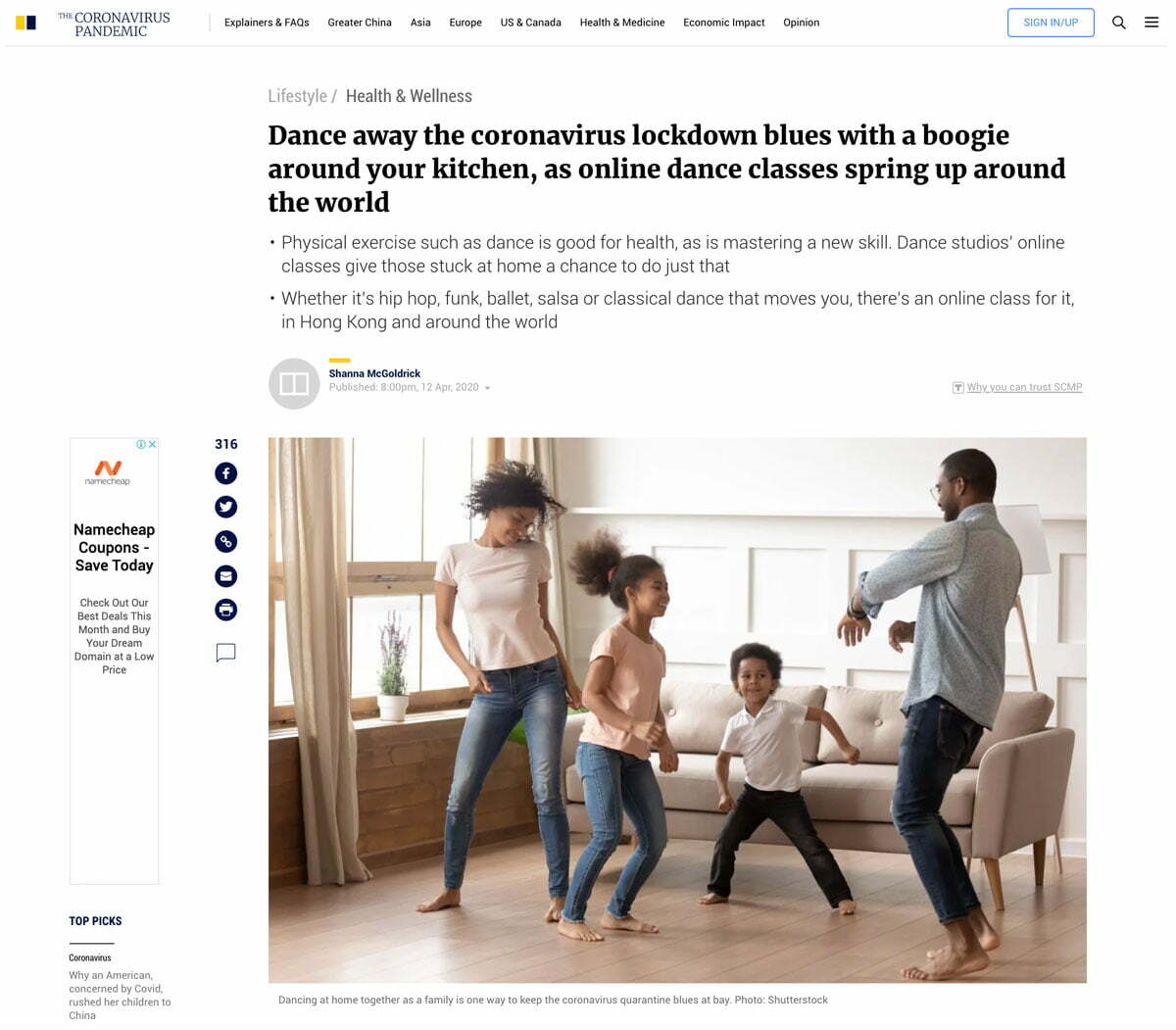 SCMP Article on Online Dance Classes During Coronavirus Lockdown 1